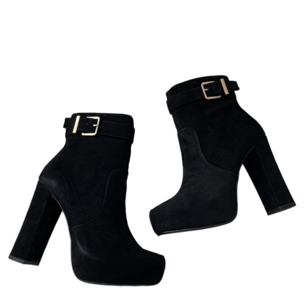 NEW Express Genuine Suede Leather Buckle Detail Platform Ankle Boots Black 10